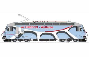 E-Lok Ge 4/4 III 650 UNESCO Werbebeschriftung pastellblau - Kiss Schweiz 610093 Spur 2m